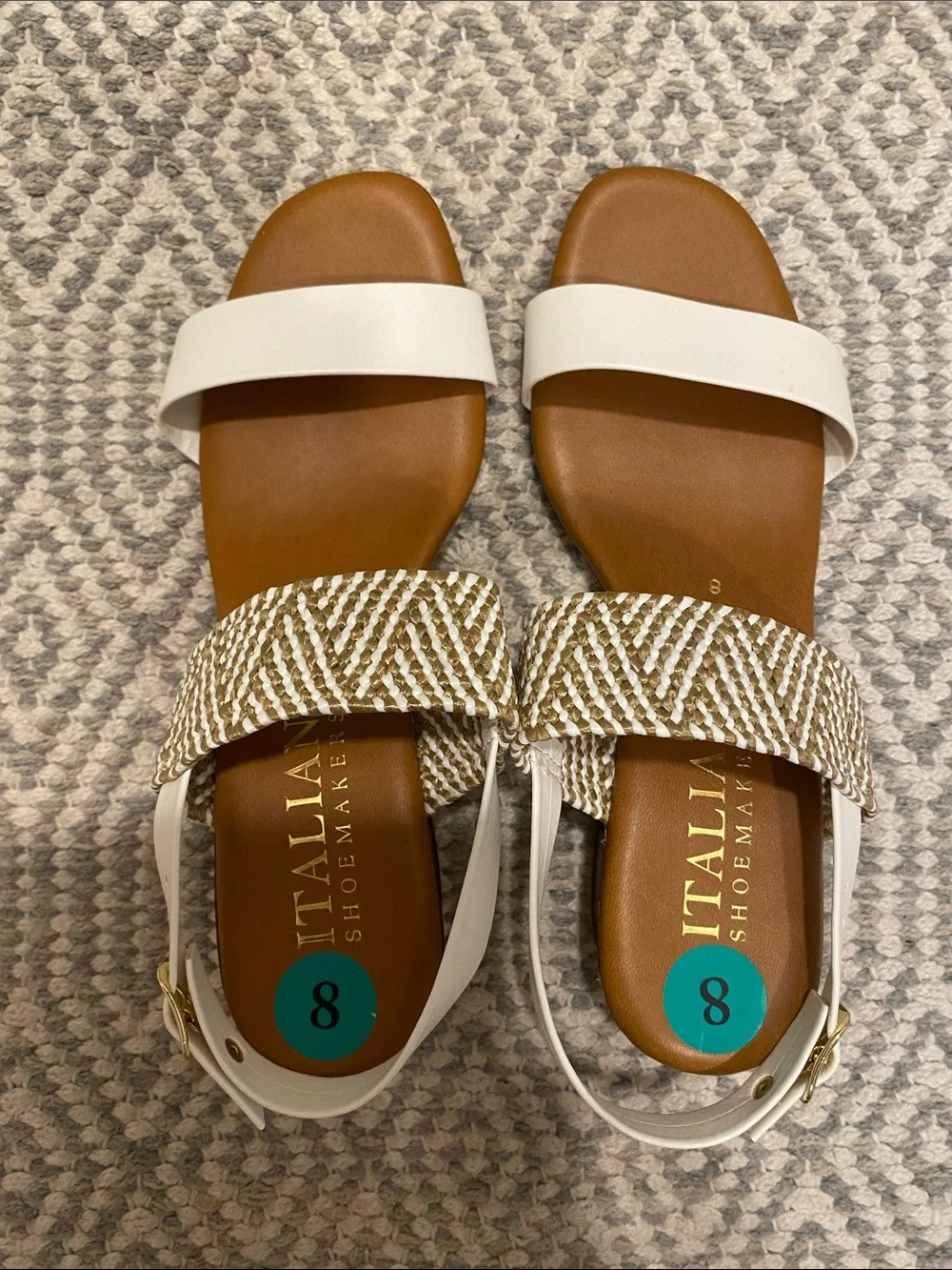 Italian Shoemakers 8 White/Tan Woven Faux Leather Heeled Sandals